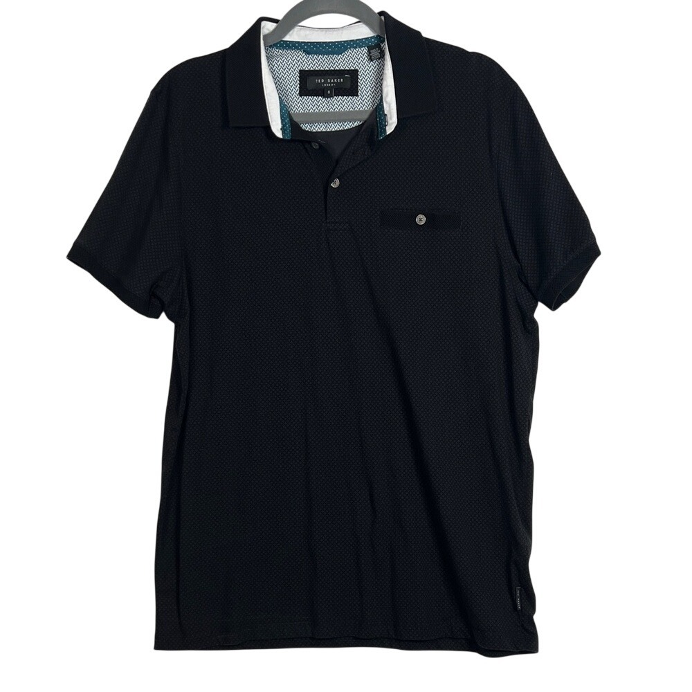 Ted Baker Polo Shirt Mens 5 Black Geometric‎ DUKWRTH Short Sleeve Cotton Pocket